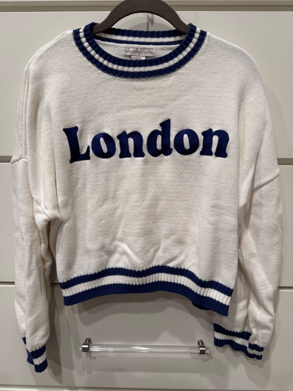 Never worn Sincerely Jules Cream "London" Crewneck Sweater with Navy Trim